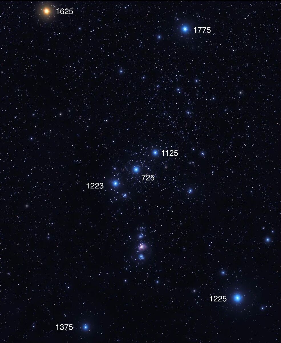 The constellation Orion showing the Earth year that the light from each star left Orion to reach Kintyre.