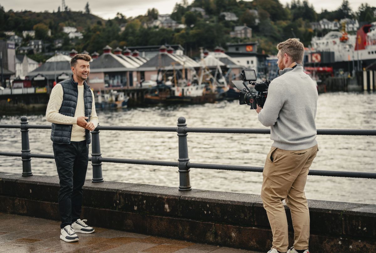 STV weatherman Sean Batty out and about in Oban  filming a video for Scotland Loves Local, of which he is an ambassador.