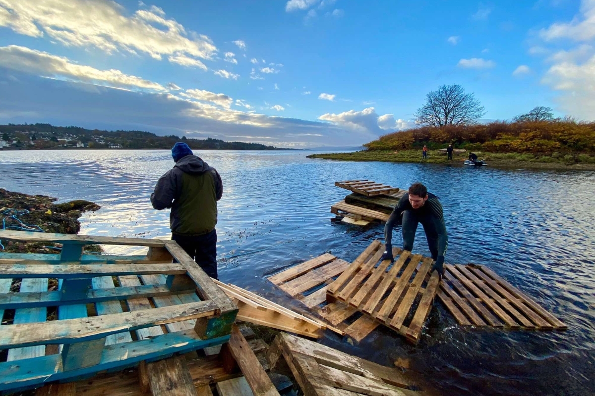 Moving the pallets across Loch Gilp to build the bonfire. Photograph: Mid Argyll Round Table