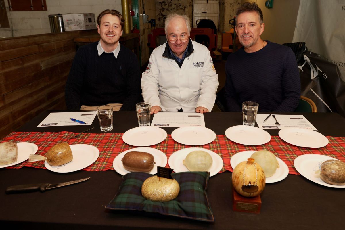 Haggis judges William Rocks, left, Douglas Scott and Colin Felgate at the 2023 Haggis and Whisky Festival. Photograph: Kevin McGlynn