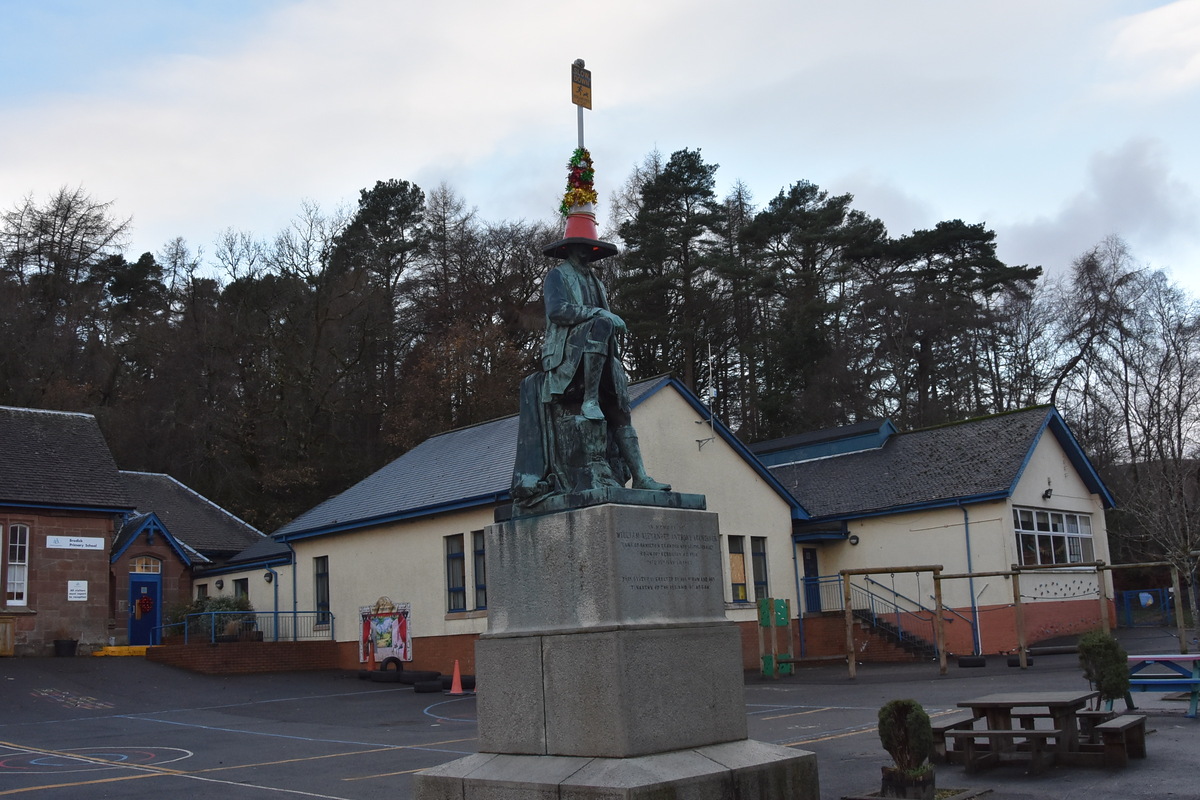 The Duke of Hamilton statue with the festive decorations which were added overnight by an unknown person or group. 