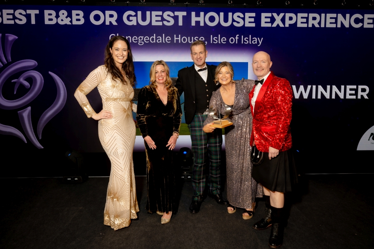 Award host Jennifer Reoch, Rebecca Brooks from category sponsor Abbey UK, Graeme and Emma Clark from Glenegedale House and award host Craig Hill. Photograph: Carlo Paloni/VisitScotland Award host Jennifer Reoch, Rebecca Brooks from category sponsor Abbey UK, Graeme and Emma Clark from Glenegedale House and award host Craig Hill. Photograph: Carlo Paloni/VisitScotland