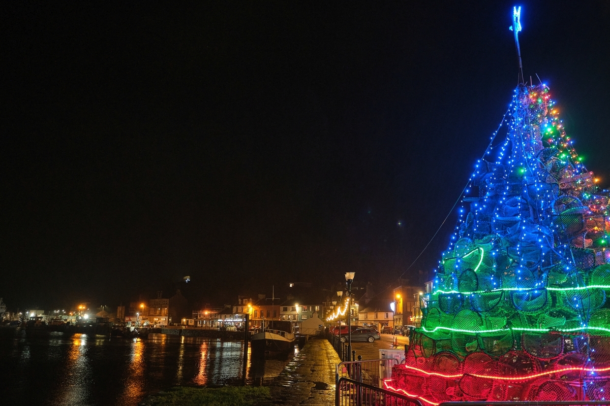 Tarbert's Creel Christmas tree lights up the night sky. Photograph: Andrew Wallace