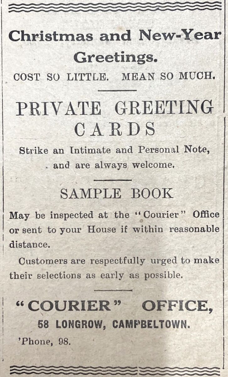 1924: Christmas cards have been sold from The Courier Centre for more than a century! Make sure to come in a see this year’s selection, including new cards wishing the recipients ‘Christmas greetings from Campbeltown’.