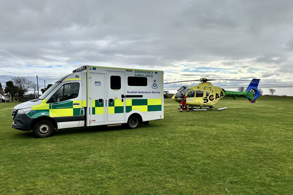 An ambulance transfers a patient from Lamlash Hospital to the mainland at Sandbraes in Whiting Bay. Photograph: Scottish Ambulance Service. 