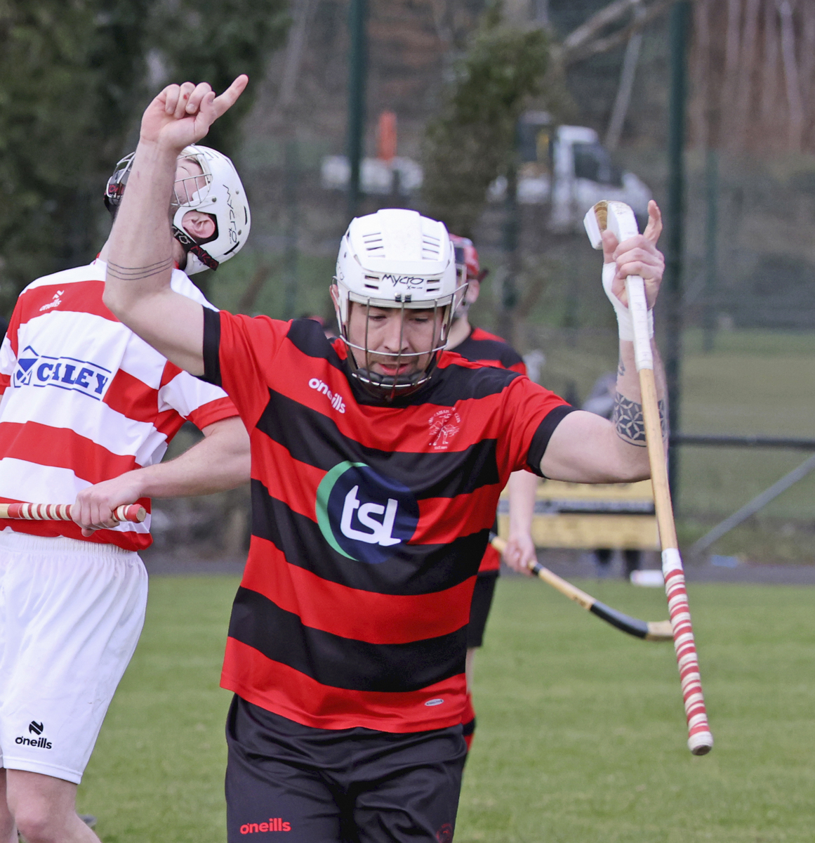 Oban Camanachd’s Malcolm Clark celebrates scoring his second goal against Lochaber in March. Lochaber came from 3-1 down to draw 3-3. Photograph: Kevin McGlynn.