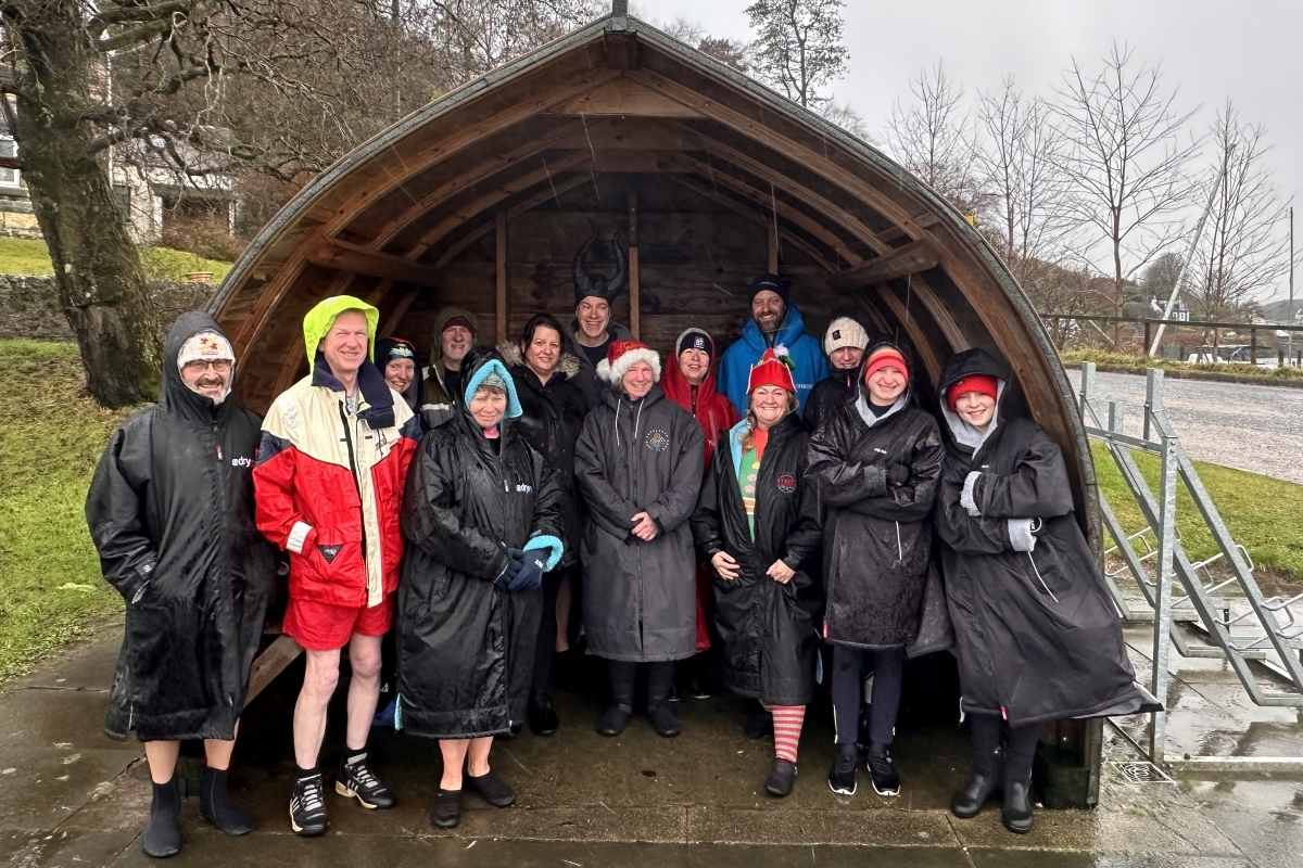 The jolly bunch of Dookers who braved the weather for Tarbert's New Year's Day dook. Photograph: Hazel Dale