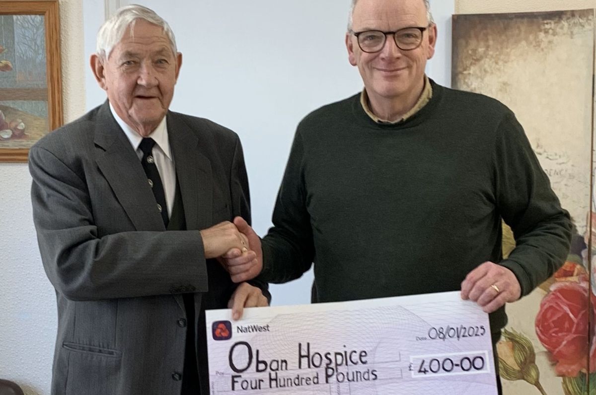 Robert Hay McDonald, Past Preceptor and Treasurer of The Great Priory of Scotland with Peter Darling, Co -Ordinator Oban Hospice's Dove Centre.