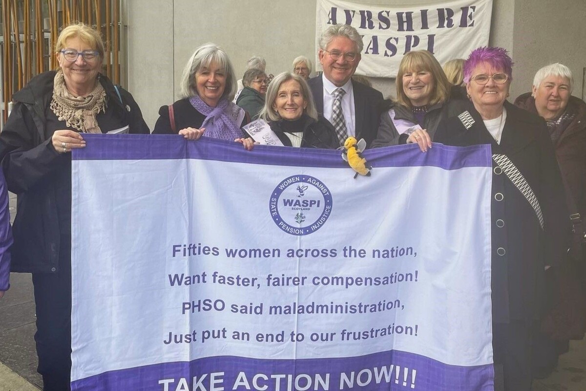 Arran’s MSP Kenneth Gibson with Women Against State Pension Inequality (WASPI) Ayrshire campaigners outside Holyrood. Photograph: Kenneth Gibson. 