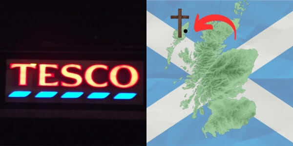 Tesco photo via ell-r-brown on Flickr / Scotland Map via Wikimedia Commons (Assembled by Thomas Mackay via Canva Pro.