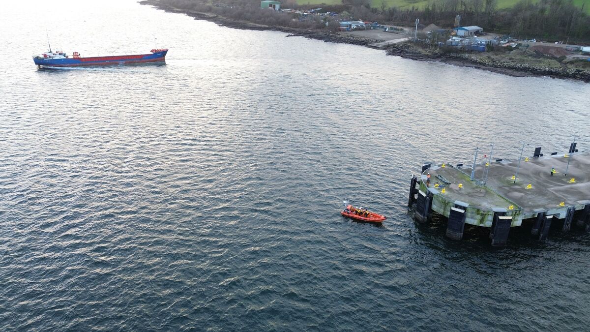 Liva Greta and the RNLI near to the forestry loading yard and Brodick pier.