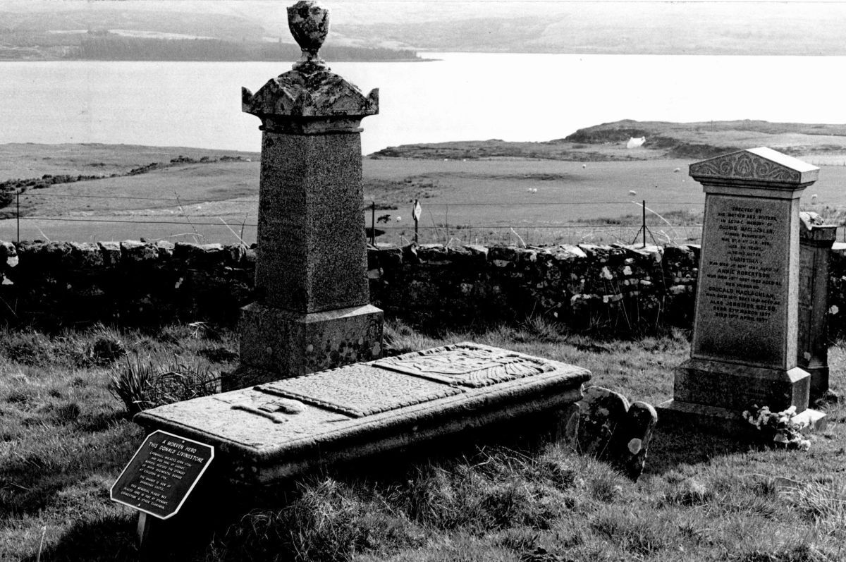The Livingstone table tomb stone in Kiel graveyard, Morvern, overlooking the Sound of Mull a few miles from Savary. Photograph:  Iain Thornber Collection.