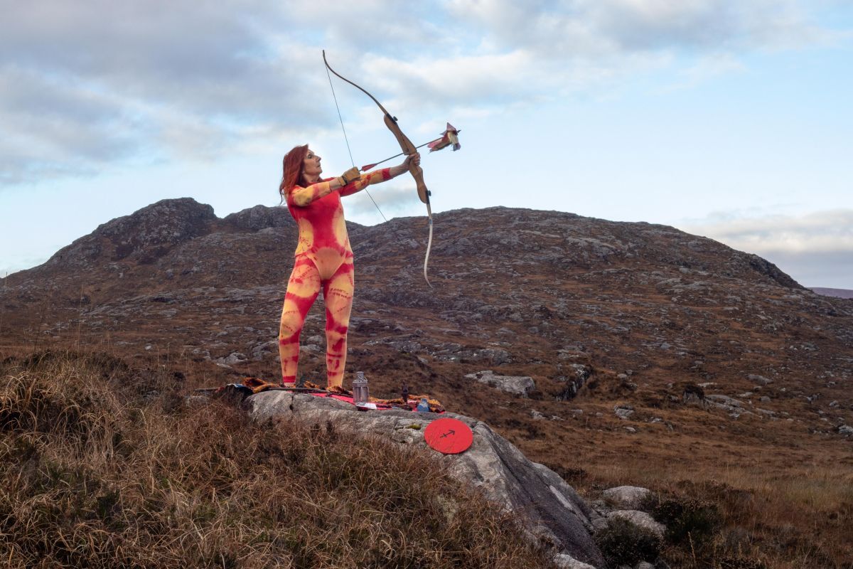 Jill Smith on the Coffin Path by the Hag Mountain, South Harris as part of the the Zodiac Journey, Sagittarius. Photograph: Mhairi Law Jill Smith on the Coffin Path by the Hag Mountain, South Harris as part of the the Zodiac Journey, Sagittarius. Photograph: Mhairi Law