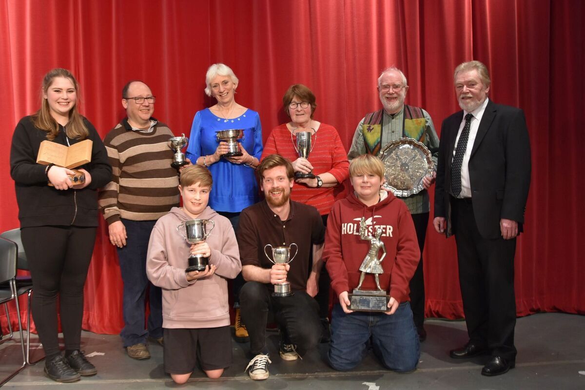 All the trophy winners at last year’s One Act Drama Festival with adjudicator Dave Bennett on the right.