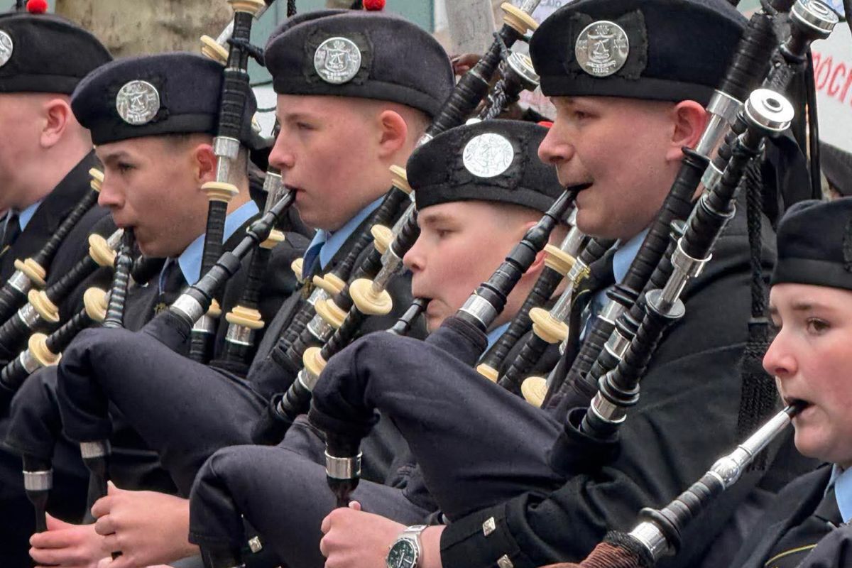 Oban High School Pipe Band musicians on parade in The Big Apple. Photograph: Oban High School