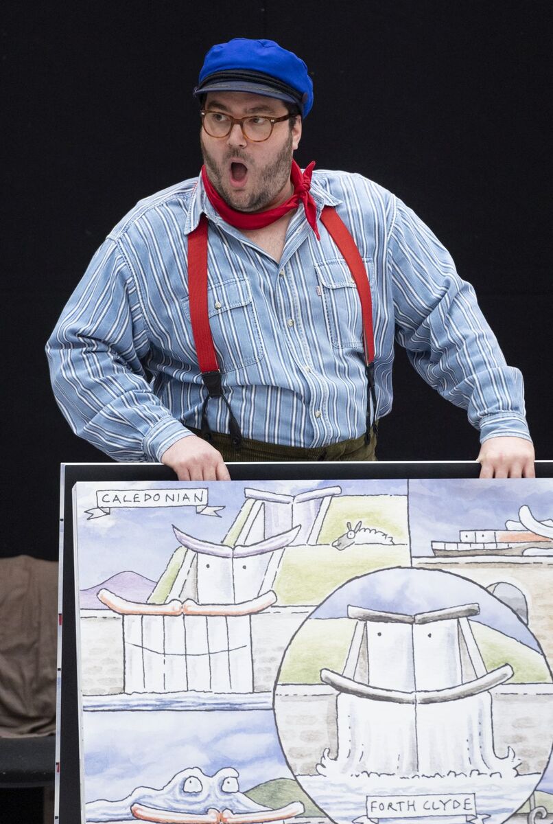 Andrew McTaggart in pop-up performance coming to the Crinan Canal of Scottish Opera's Puffer MacPuffer. Photograph: Scottish Opera Andrew McTaggart in pop-up performance coming to the Crinan Canal of Scottish Opera's Puffer MacPuffer. Photograph: Scottish Opera