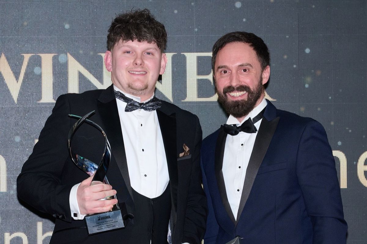 Syke Chef Calum Montgomery, left, was presented with his award by Calum Wilkie of category sponsor BaxterStorey. Syke Chef Calum Montgomery, left, was presented with his award by Calum Wilkie of category sponsor BaxterStorey.