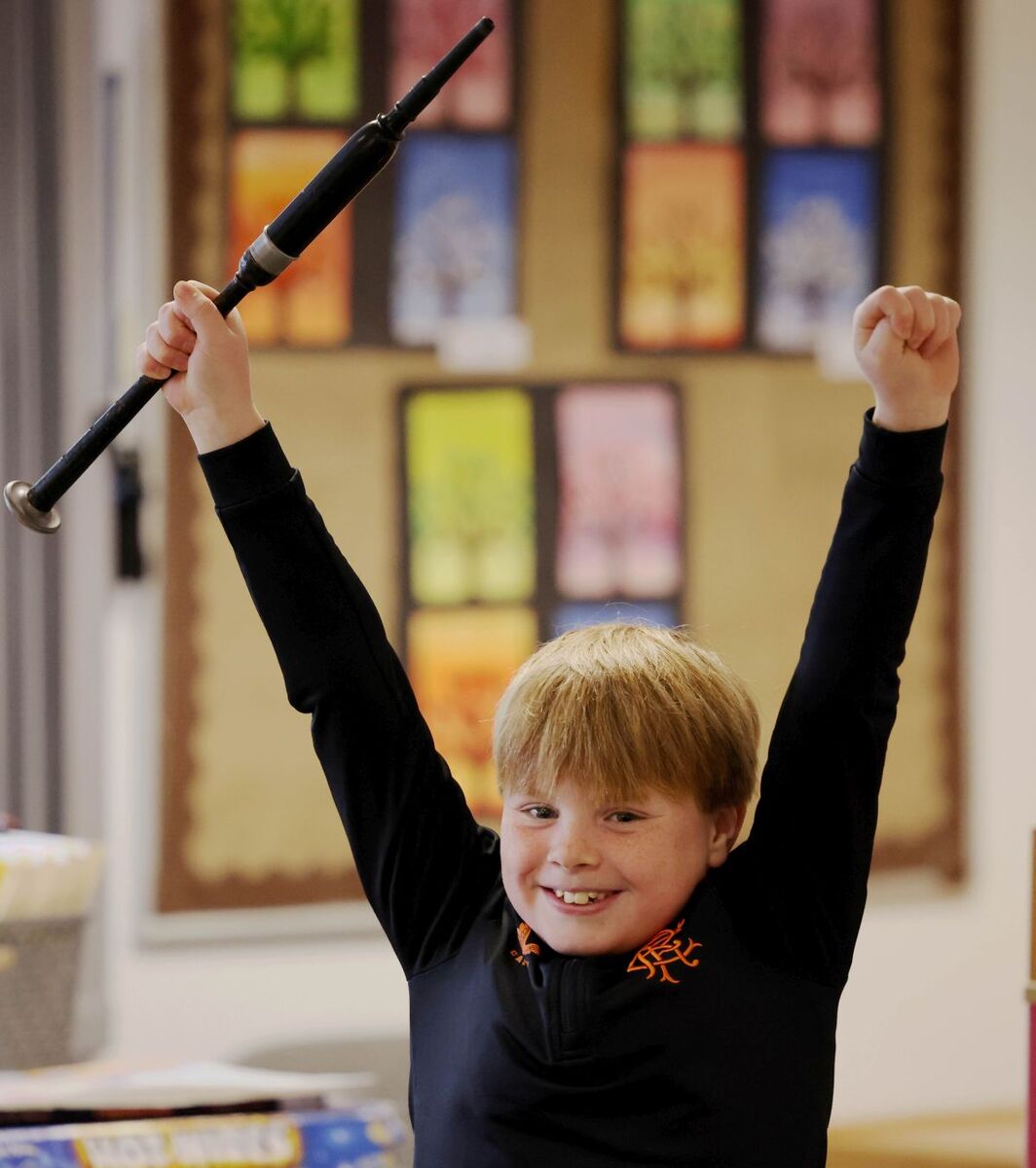 Young Sorren MacInnes celebrates winning the grace note challenge in the chanter lass. Photograph: Kevin McGlynn Young Sorren MacInnes celebrates winning the grace note challenge in the chanter lass. Photograph: Kevin McGlynn