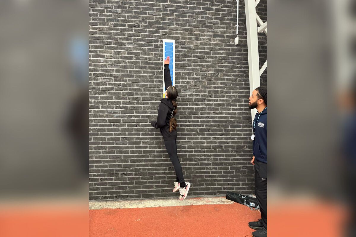 Kayla Brass jumping in the vertical jump. Photograph: Ross Dobson. Kayla Brass jumping in the vertical jump. Photograph: Ross Dobson.