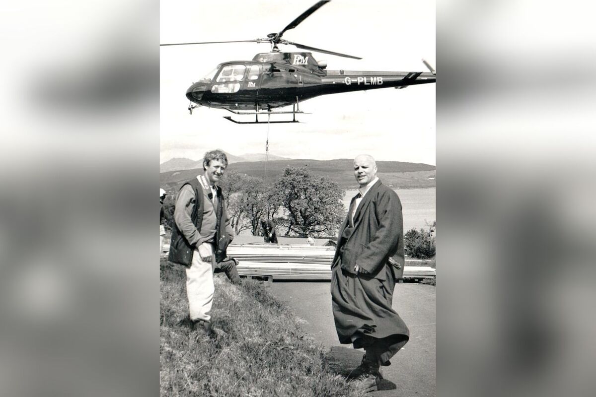 Work starts on a retreat master’s house on Holy Isle, with materials going over by helicopter from the fish farm. Work starts on a retreat master’s house on Holy Isle, with materials going over by helicopter from the fish farm.