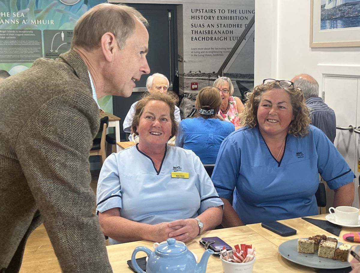 Nursing 'sisters' Mhairi Ritchie and Fiona Cruickshanks meet the Duke of Edinburgh at Luing's Atlantic Islands Centre. Nursing 'sisters' Mhairi Ritchie and Fiona Cruickshanks meet the Duke of Edinburgh at Luing's Atlantic Islands Centre.