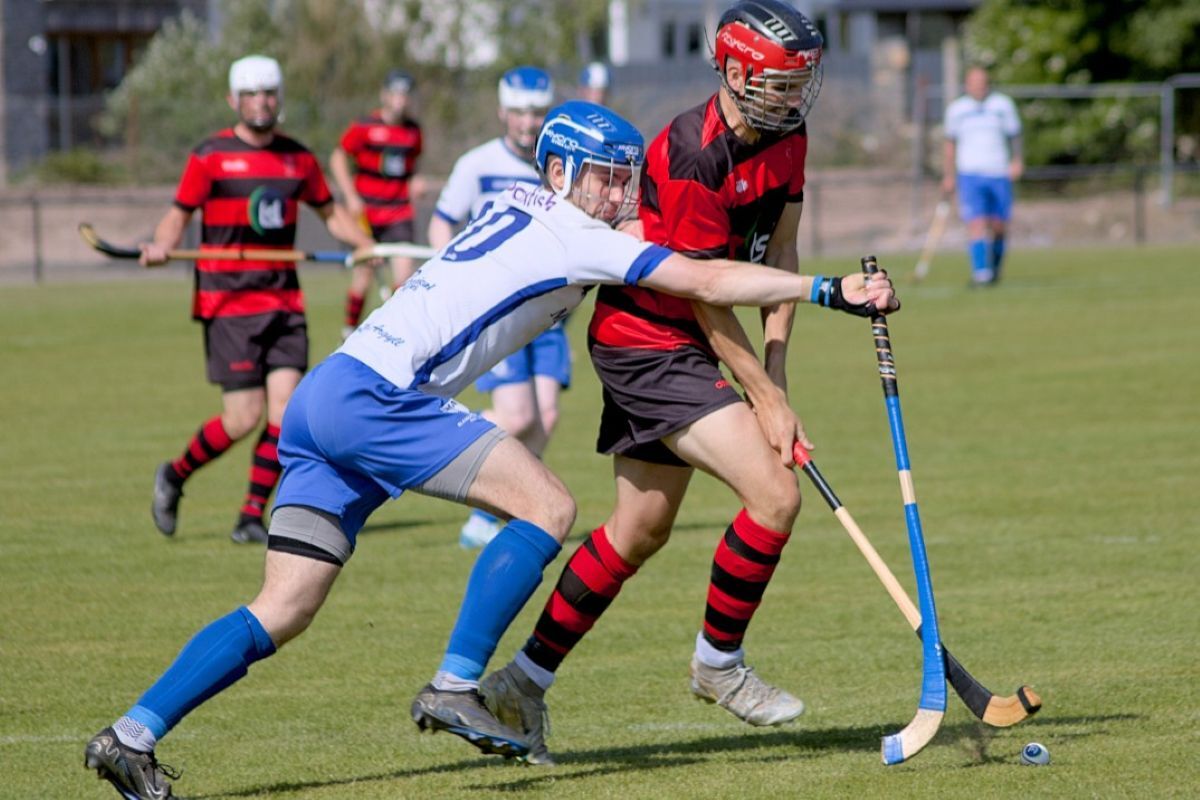 Daniel MacVicar (Oban Camanachd) clashes with Calum McLay (Glasgow Mid Argyll) during Saturday's Glasgow Celtic Society Cup semi-final at Mossfield. Photograph: Stewart Inglis. Daniel MacVicar (Oban Camanachd) clashes with Calum McLay (Glasgow Mid Argyll) during Saturday's Glasgow Celtic Society Cup semi-final at Mossfield. Photograph: Stewart Inglis.
