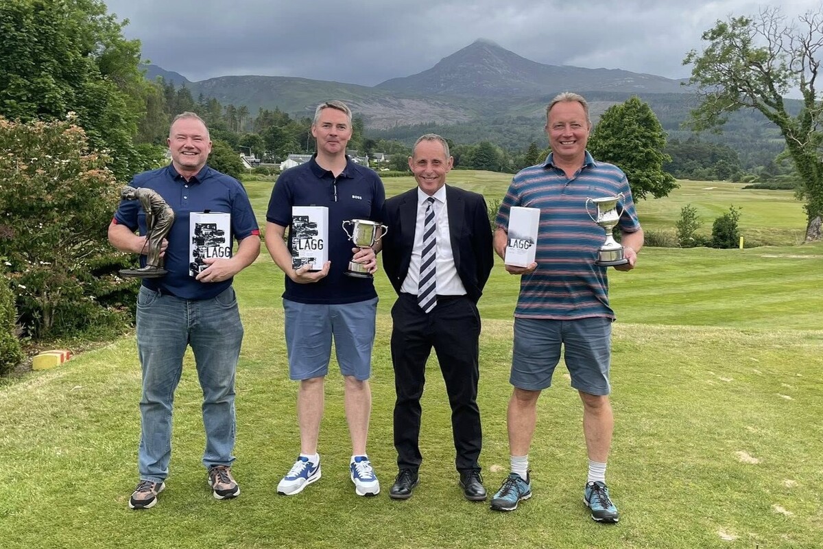 Winners at the Brodick Open: Steven Whyte, net winner; Craig Young, gross winner; Nicol Hume, captain; Angus Raeburn, best Brodick member. Photograph: BGC. Winners at the Brodick Open: Steven Whyte, net winner; Craig Young, gross winner; Nicol Hume, captain; Angus Raeburn, best Brodick member. Photograph: BGC.