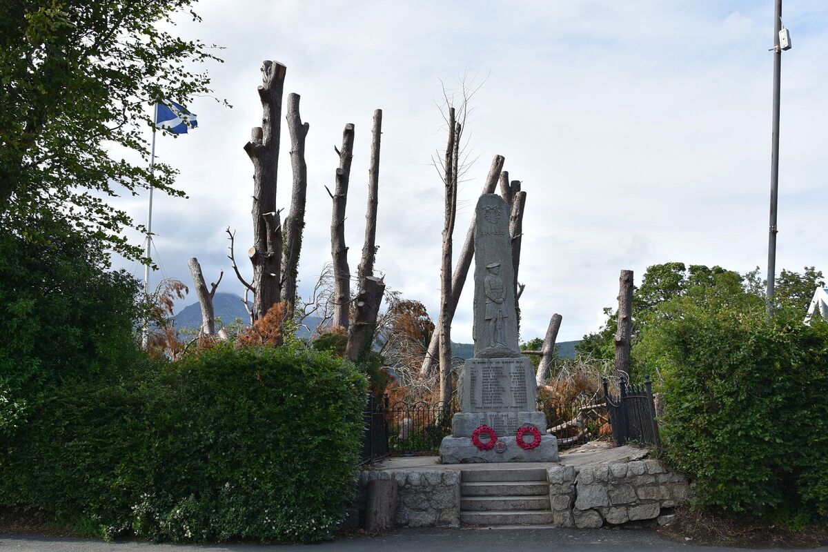 The stark-looking and damaged Brodick War Memorial with the trees which were promptly cut down during Storm Eowyn in January. The stark-looking and damaged Brodick War Memorial with the trees which were promptly cut down during Storm Eowyn in January.
