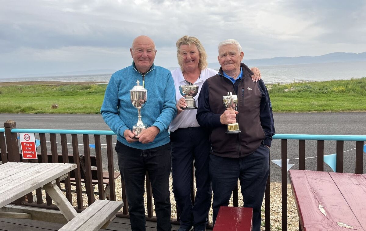 Machrie Bay’s Presidents Cup winner Campbell Laing with club champions, Piet Johnson and Willie Kelso. Photograph: MBGC. Machrie Bay’s Presidents Cup winner Campbell Laing with club champions, Piet Johnson and Willie Kelso. Photograph: MBGC.