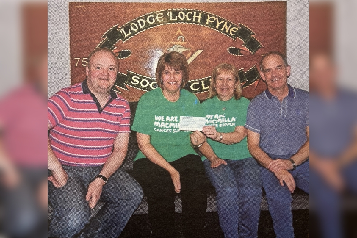 2015: Members of Lochgilphead’s Lodge Loch Fyne presented £500 to Macmillan Cancer Support. Receiving the cheque on behalf of Macmillan are Kathleen Young and Libby Mochrie. Andrew Kerr and Jimmy McCallum made the presentation. 2015: Members of Lochgilphead’s Lodge Loch Fyne presented £500 to Macmillan Cancer Support. Receiving the cheque on behalf of Macmillan are Kathleen Young and Libby Mochrie. Andrew Kerr and Jimmy McCallum made the presentation.