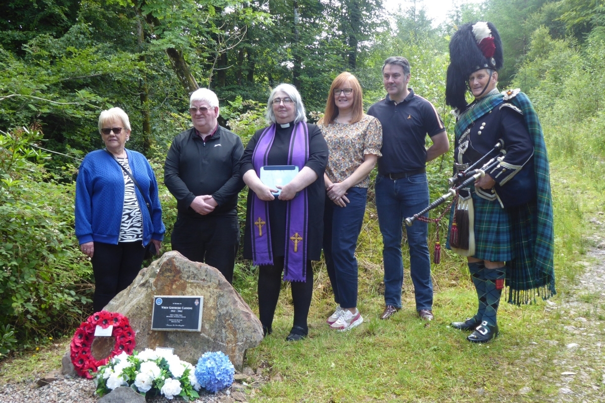 Liam Canning, second left, and family with the Rev Dorothy Wallace and piper Iain Campbell at Gertrude Canning's memorial. Liam Canning, second left, and family with the Rev Dorothy Wallace and piper Iain Campbell at Gertrude Canning's memorial.