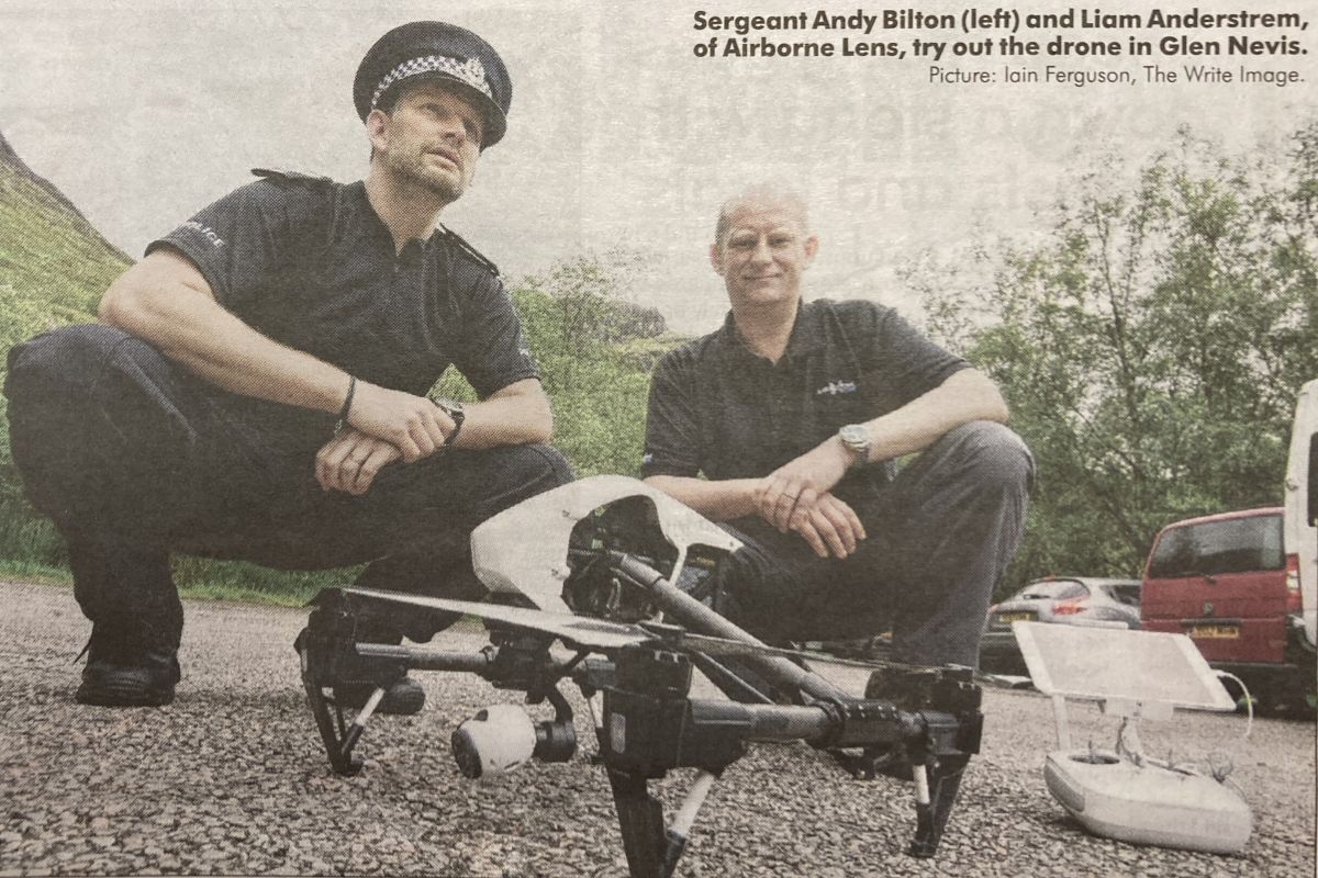 2015: Sergeant Andy Bilton (left) and Liam Anderstrem, of Airborne Lens, try out the drone in Glen Nevis. Picture: Iain Ferguson The Write Image.