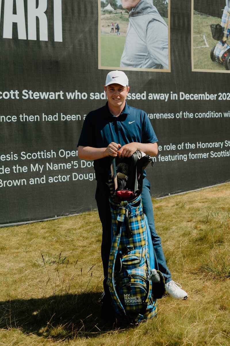 Bob Macintyre his bag in front of the newly named Scott Stewart stand (picture by Calum Huntington)