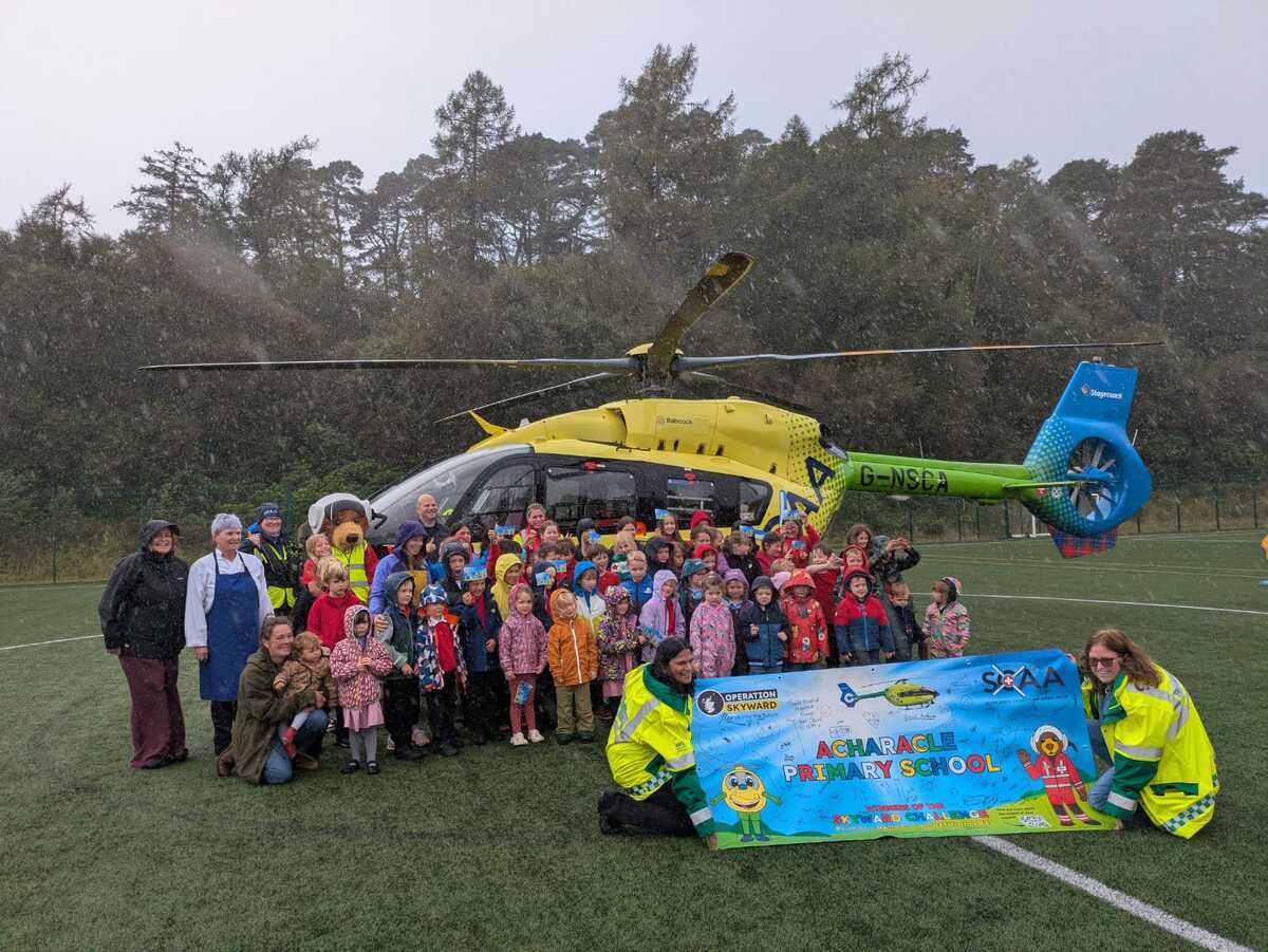 Acharacle Primary School's flying visit from the Scotland's Charity Air Ambulance (SCAA) new helicopter.