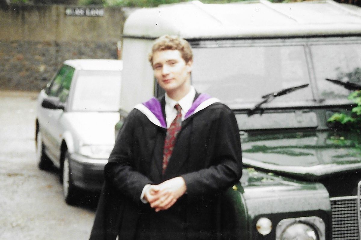 Emrys Kirby in his student days next to the Land Rover that sparked off a new university society. Photograph: Emrys Kirby Emrys Kirby in his student days next to the Land Rover that sparked off a new university society. Photograph: Emrys Kirby
