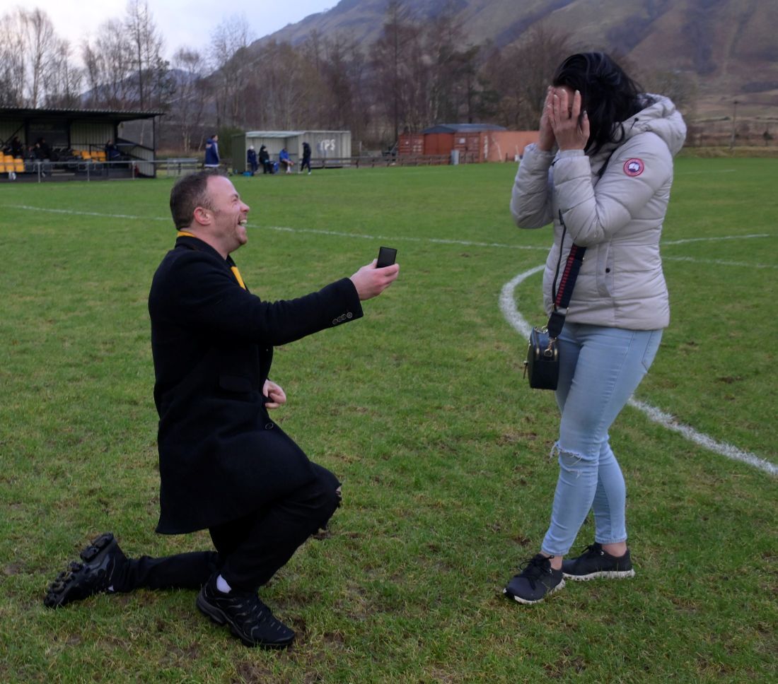 Donnie Mathers surprised love-of-his-life Rebecca Webster with a marriage proprosal at Claggan Park. Photograph: Iain Ferguson, alba.photos. Donnie Mathers surprised love-of-his-life Rebecca Webster with a marriage proprosal at Claggan Park. Photograph: Iain Ferguson, alba.photos.