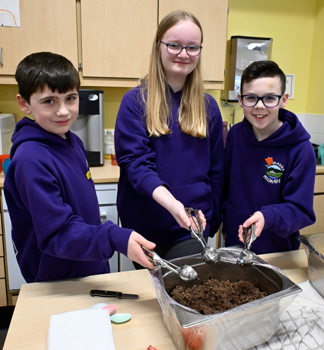 Address to the Haggis was made by, from left, Aiden MacPherson, Bailey MacPhail and Harrison McKenzie. Photograph: Iain Ferguson, alba.photos.
