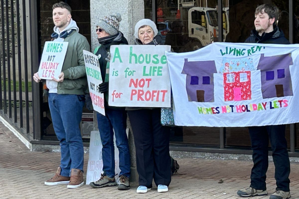 Tenants Union Living Rent Highland and Islands protesters gathered outside Highland Council HQ. Photograph: Olivia Andrews.