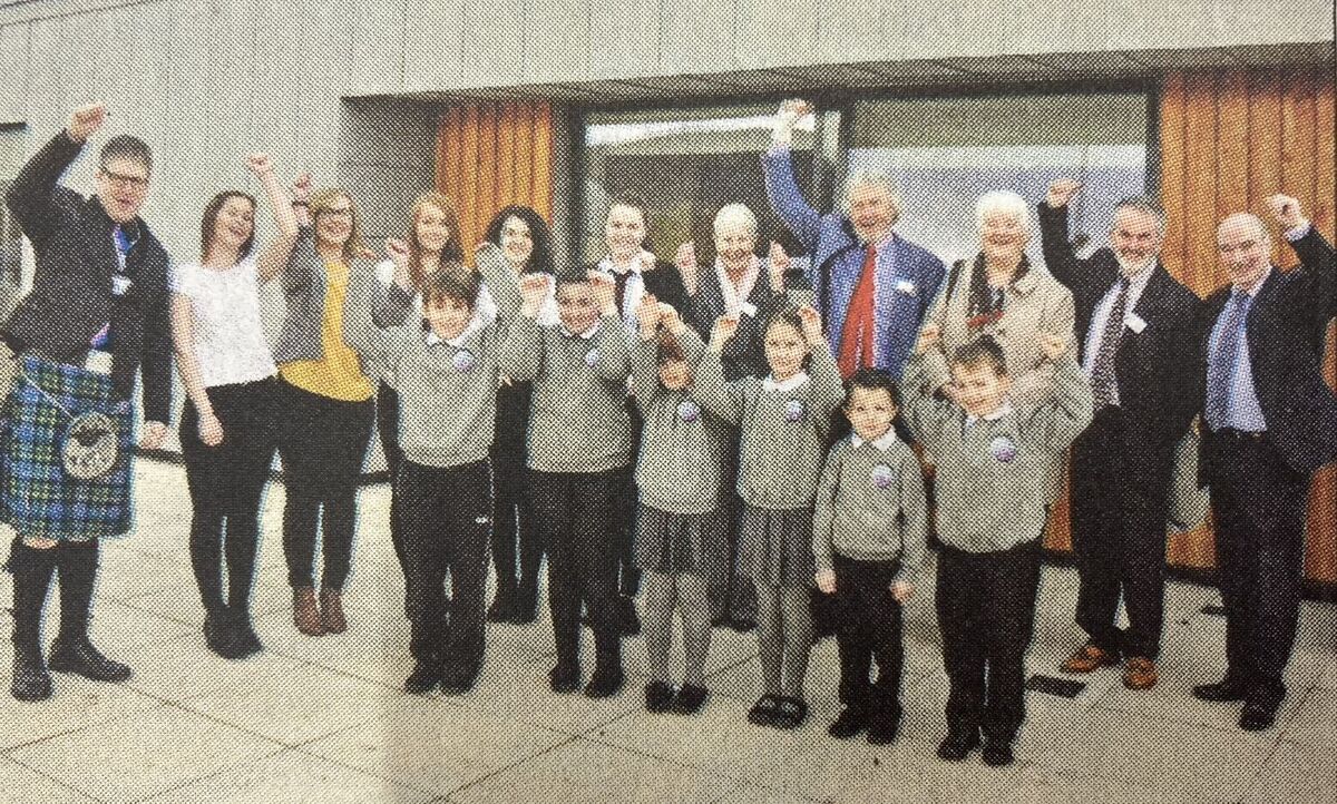 2016: Head teacher John Joseph MacNeil with pupils, former pupils of local Gaelic units, campaigners and supporters of the new school.