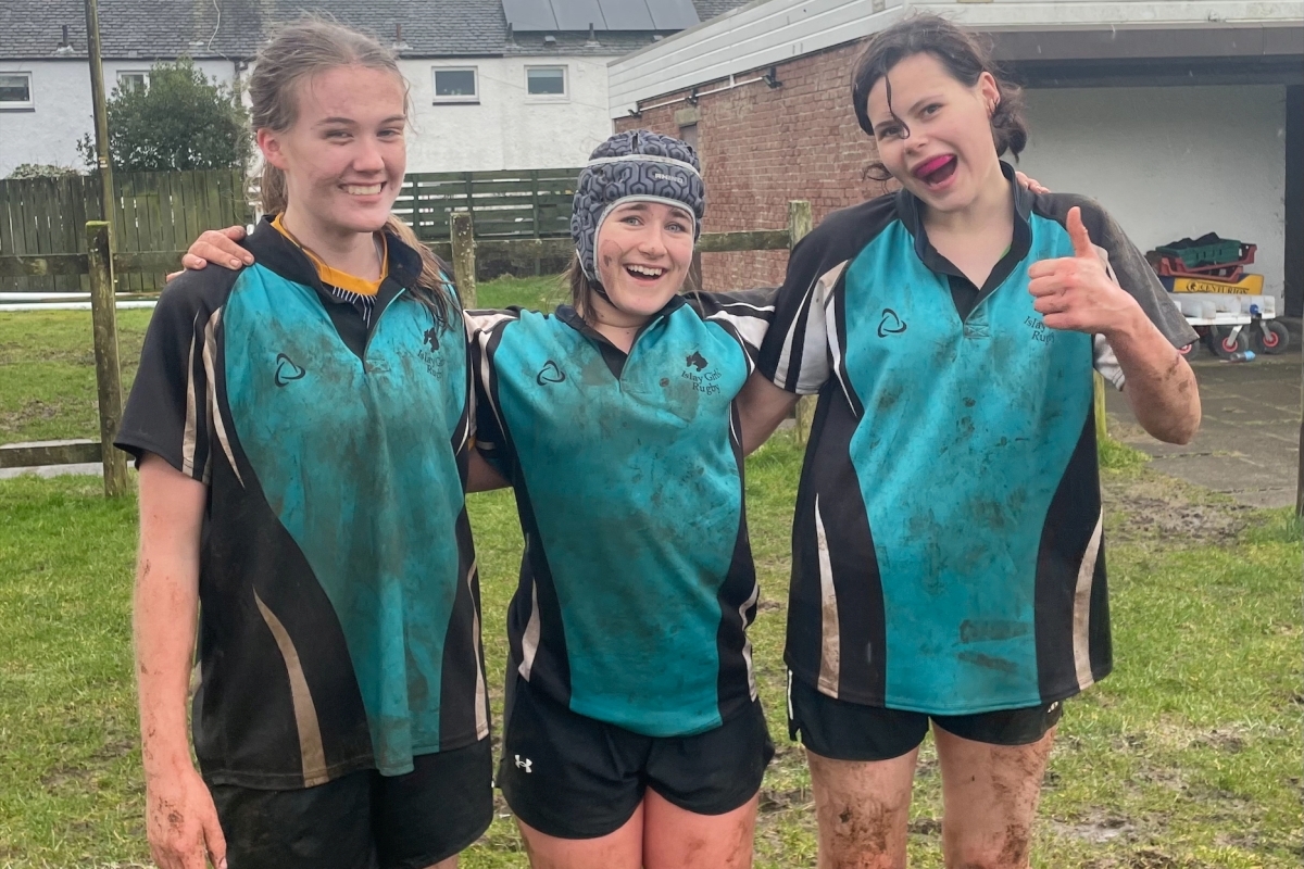 U15 Girls Mid Argyll RFC players Belle Rusden, Abbie Goodfellow and Morgan Rossouw. Photograph: Mid Argyll RFC