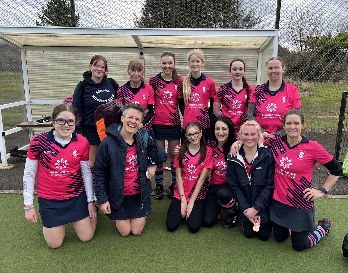 The Arran Hockey Ladies who triumphed over Strathclyde University IIs on their home turf last Saturday. Photograph: Linda Taylor.