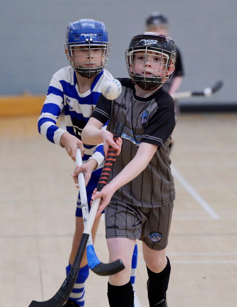 Bun-Sgoil Gh&agrave;idhlig Loch Abar P4/5 team in action against Newtonmore. Photograph: Iain Ferguson, alba.photos.