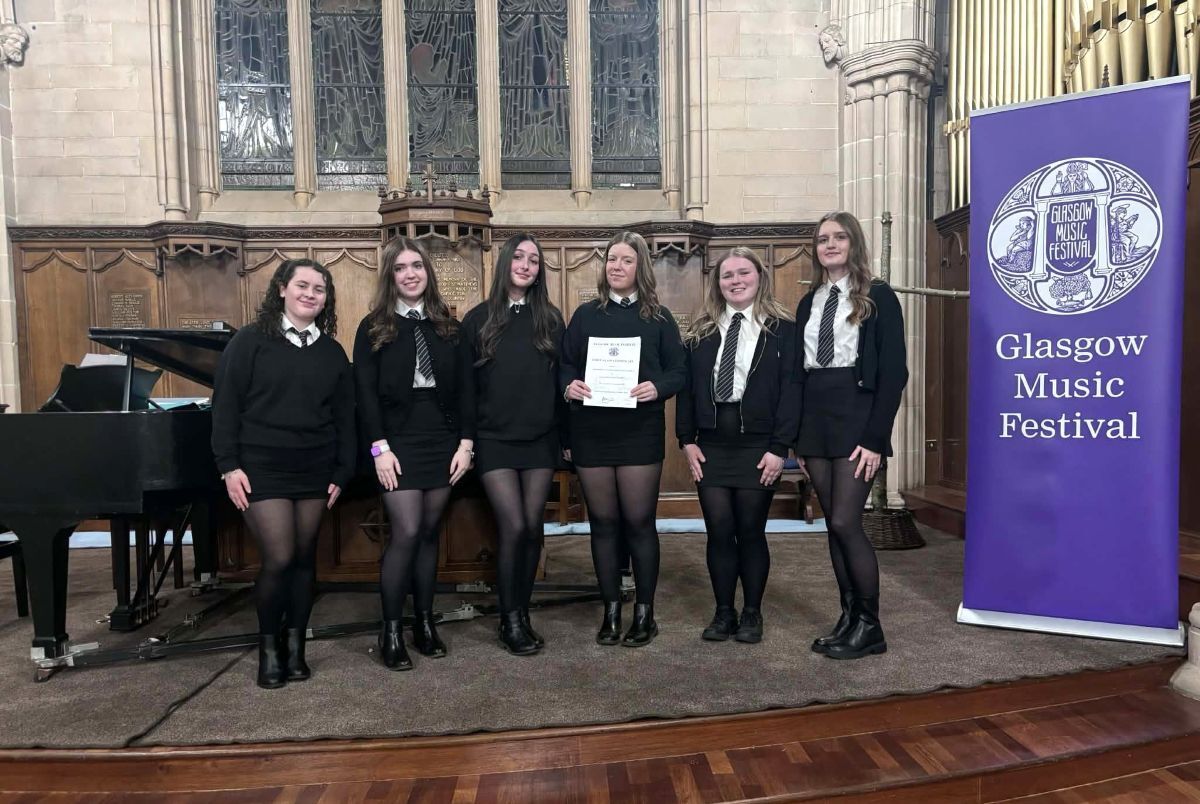From left: Keira McSporran, Sophie Galbraith, Isla Anderson, Brooke Coffield, Hannah Gilchrist and Ailie Renton with their First Class award at the Glasgow Music Festival.