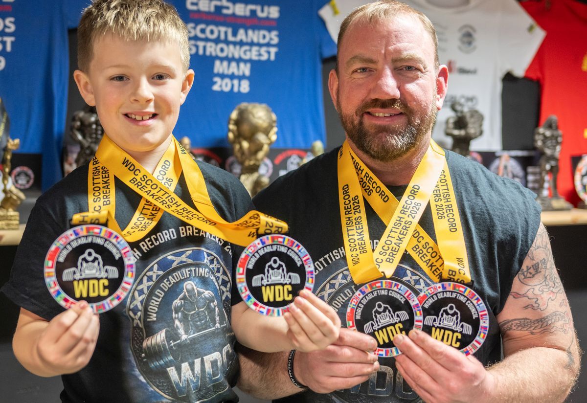Strongman and son,  Stuart Whyte with Konnan are both now Strongman record holders. Photograph: Iain Ferguson, alba.photos