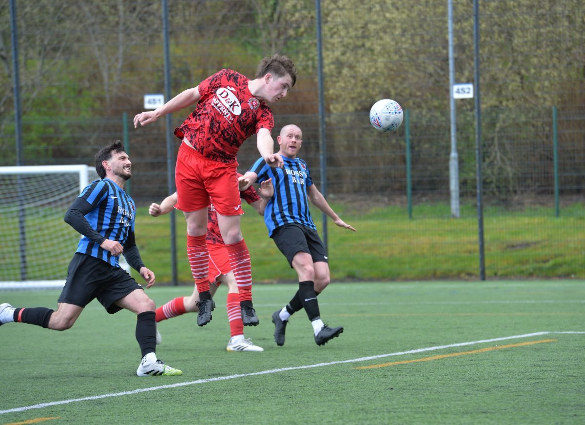 Saints' Matty Pollock heads wide. Photograph: Derek Black