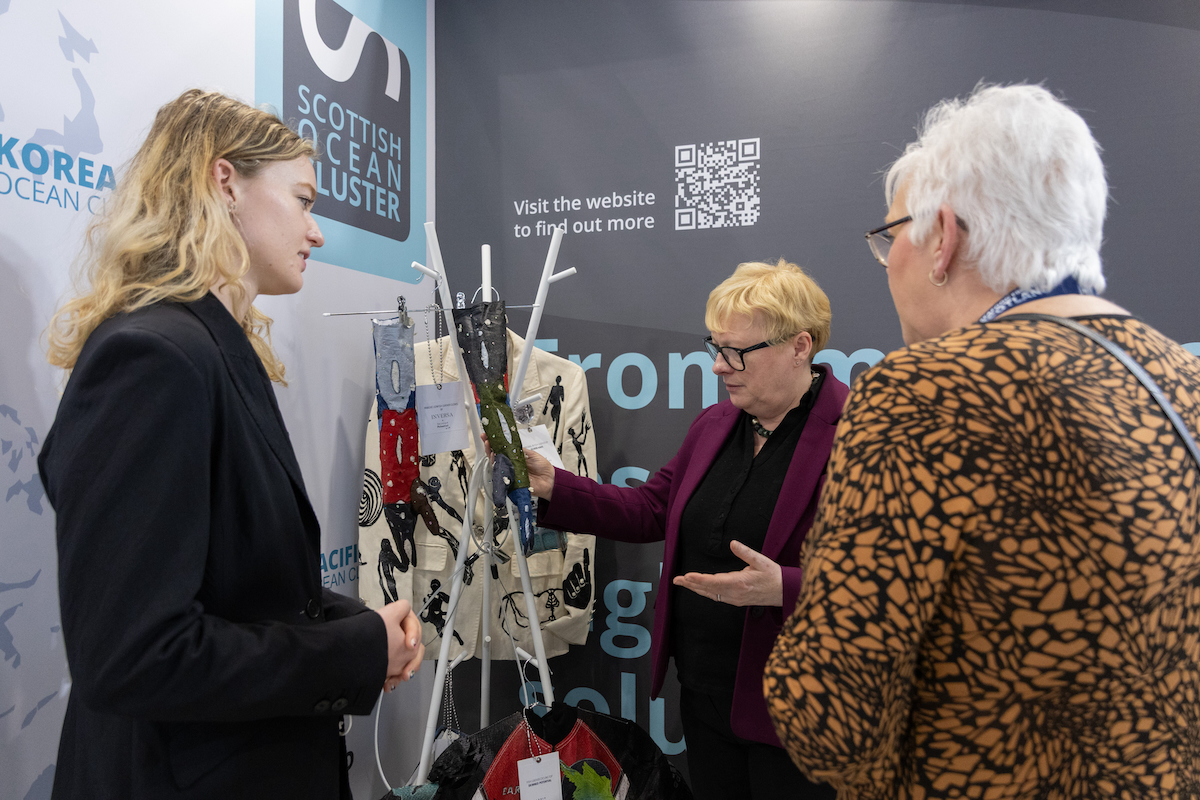 Defra minister Dame Angela Eagle meeting Isabelle Taylor Scottish designer and founder of Skinned Potential and Donna Fordyce Barcelona 20260422