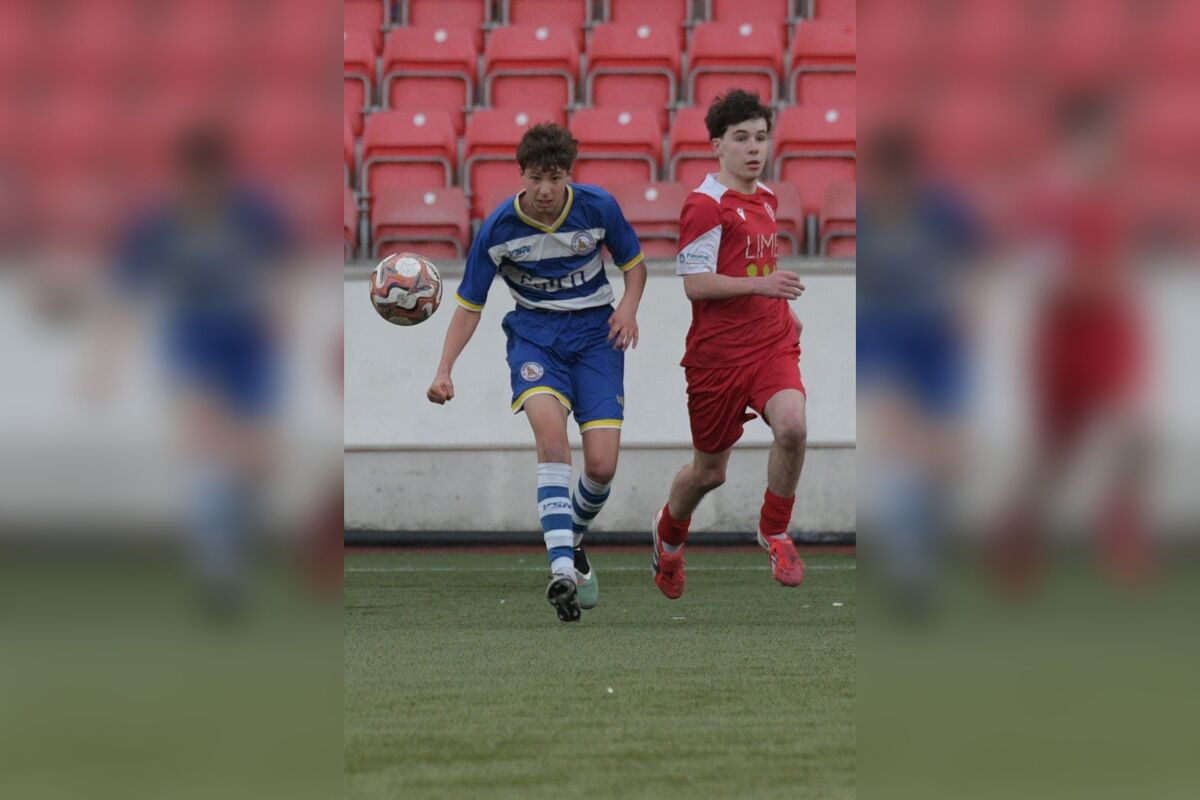 Arran’s Freddie Lucas in action during the final match against Lochend FA in the Scottish Youth FA Cup final. Photograph: Kilwinning Rangers.