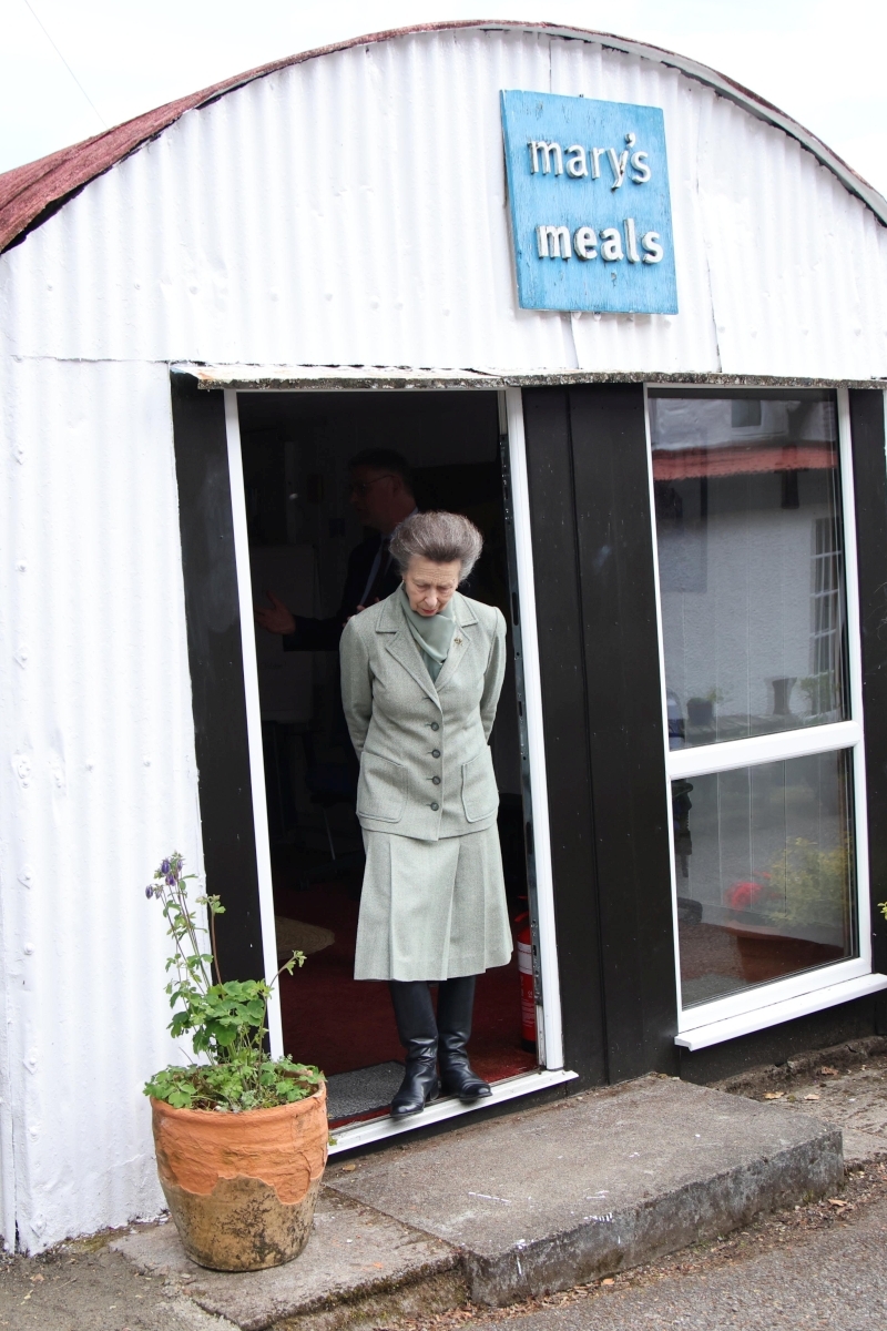 HRH Princess Anne sees inside the tin shed where Marys Meals was founded in 2002. Photograph: Kevin McGlynn
