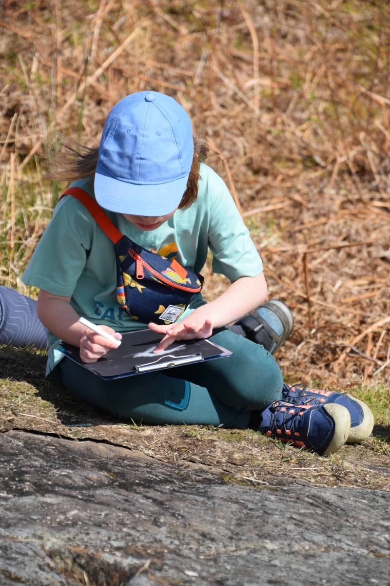 Members of the Young Archaeologists and Wildlife Club tried out rock art. Photograph: Kilmartin Museum.