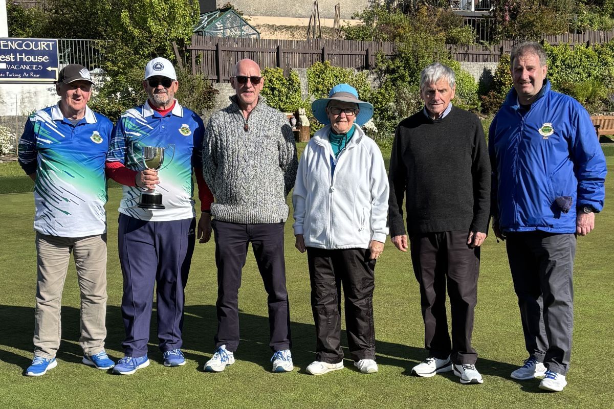 Innesfree winners from left, David McColl, Ian McCuish and Scott McAllister with runners-up Marie Park, Roddie MacLeod and Bob Smith.
